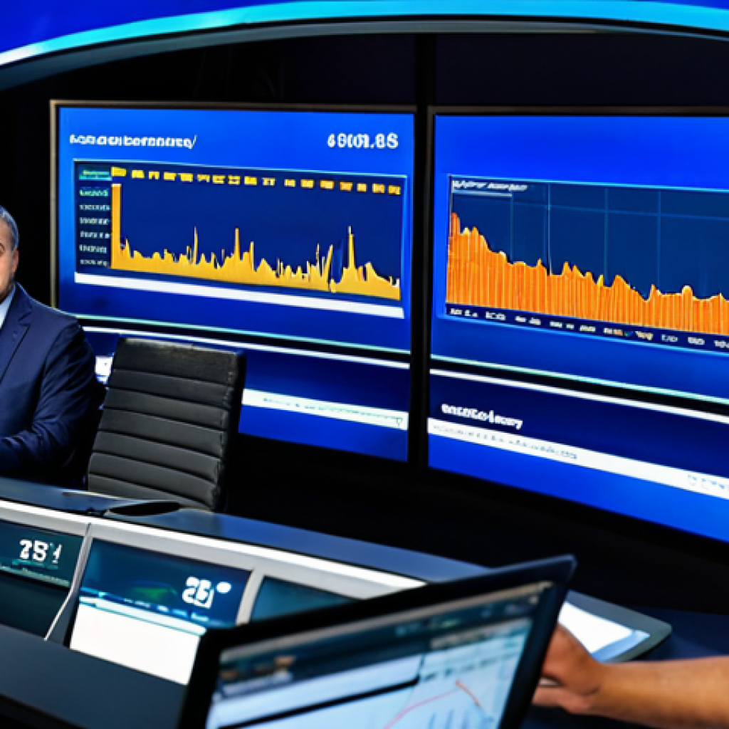 The Pulse of the Economy**
"A brightly lit financial news studio with a split screen. One side shows a graph trending upwards, the other shows a concerned-looking businessperson. In the foreground, a diverse group of people are watching the screens intently. The scene conveys the constant monitoring of economic indicators and their impact on investments. fully clothed, appropriate attire, safe for work, professional, well-formed hands, natural proportions, high quality, digital illustration"
**