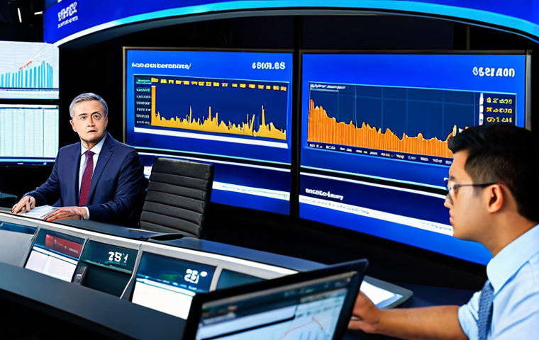 The Pulse of the Economy**
"A brightly lit financial news studio with a split screen. One side shows a graph trending upwards, the other shows a concerned-looking businessperson. In the foreground, a diverse group of people are watching the screens intently. The scene conveys the constant monitoring of economic indicators and their impact on investments. fully clothed, appropriate attire, safe for work, professional, well-formed hands, natural proportions, high quality, digital illustration"
**