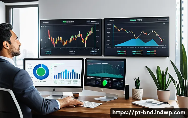 채권 수익률 상승 시 투자 접근법 - A modern Brazilian investor in a sleek home office, analyzing graphs and charts on multiple computer...