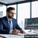 Home 19 채권 투자에서의 감정적 결정 피하기 - A professional investor sitting calmly at a modern office desk, surrounded by multiple computer scre...
