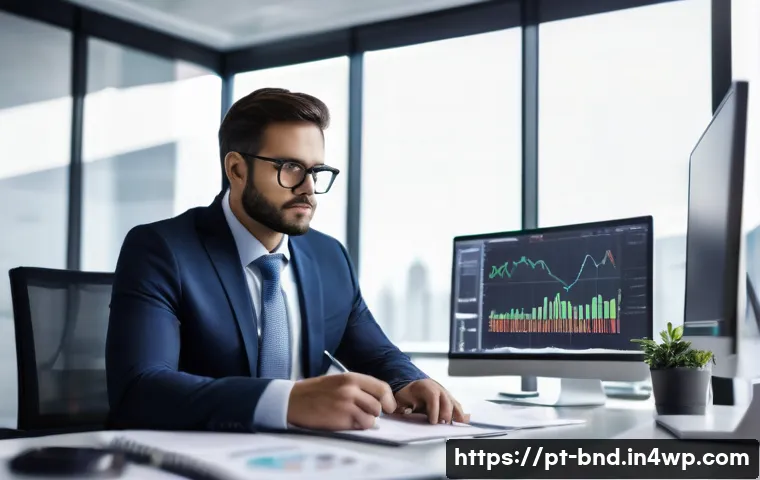 채권 투자에서의 감정적 결정 피하기 - A professional investor sitting calmly at a modern office desk, surrounded by multiple computer scre...
